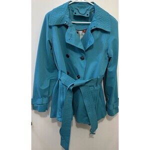Tulle Turquoise Trench Coat Floral Bird Lining Belted Double Breasted Women’s M